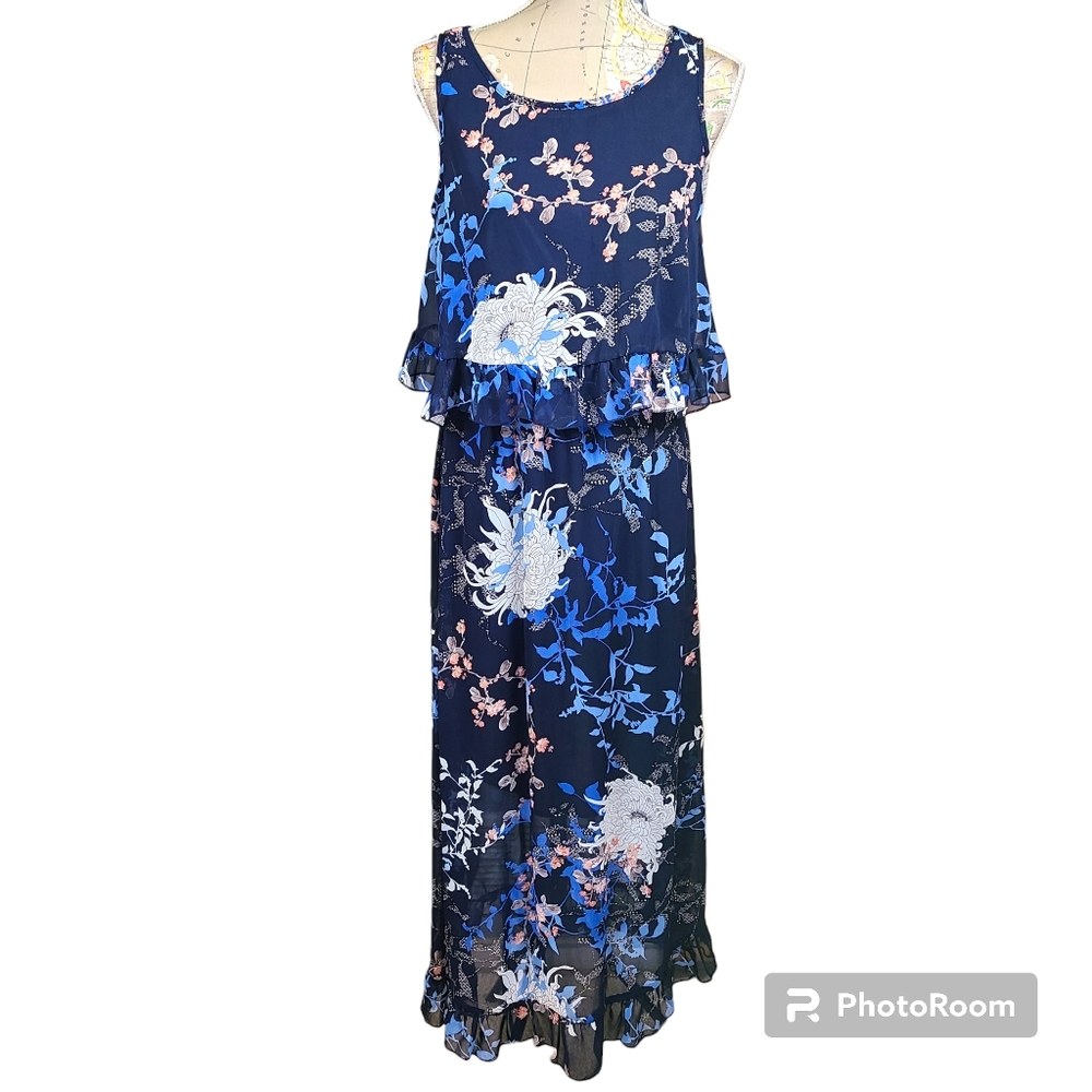 ROBERT LOUIS Y2K Size Small Navy Floral Sleeveless Ruffled Chiffon Maxi Dress